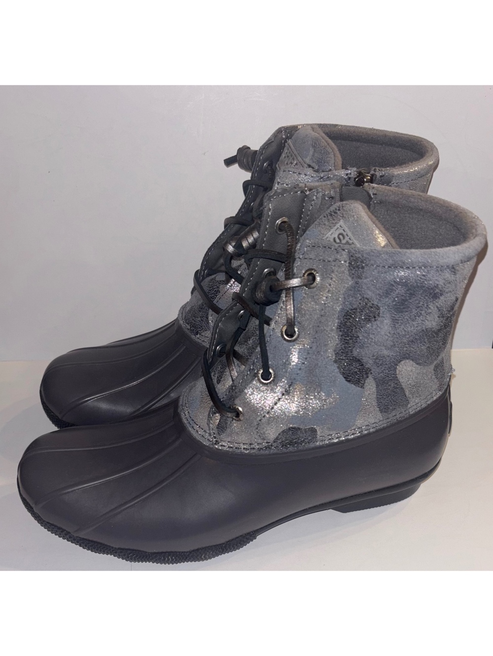 Sperry Saltwater Metallic Camo Duck Boots Women 8 Silver Gray NIB